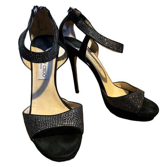 Authentic Jimmy Choo (11/41) Lancer Smokey Crystal-Embellished Black Suede Heels - Picture 5 of 9